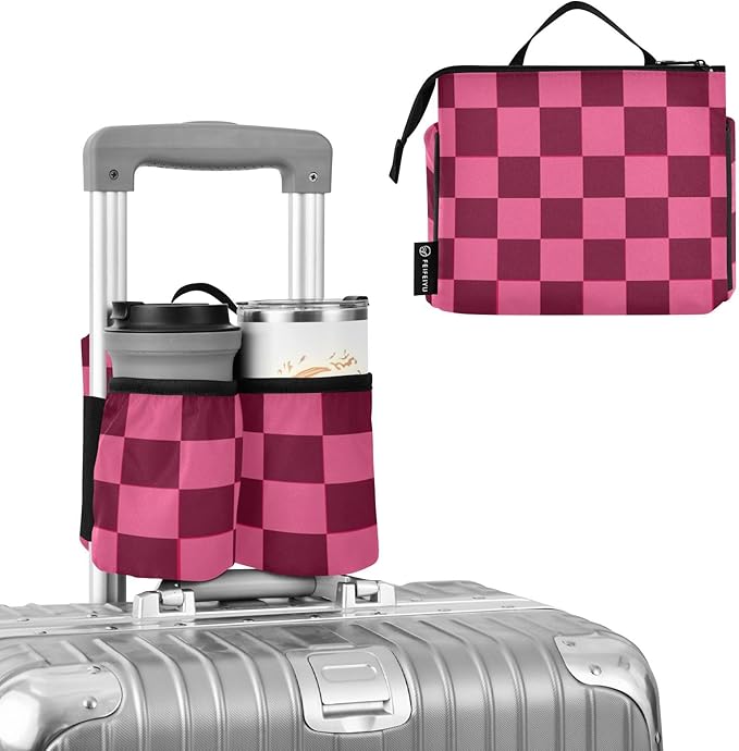 Checkered Hot Pink Luggage Cup Holder Travel Portable Free Hand Drink Carrier Suitcase Drinks Beverage Holder Carry-On Bottle Mug Holder Organizer Bag Travelers Accessories