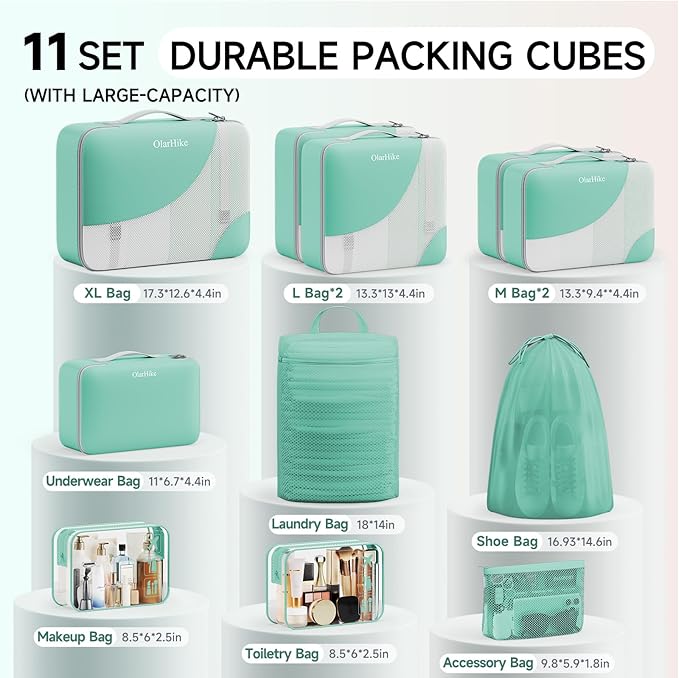 11 Set Packing Cubes for Travel, Gifts for Women Mom Kids, TSA Approved Bags for Makeup, Cosmetic, Toiletry, Suitcase Organizers for Checked Luggage, Cruise Essentials, Airplane Accessories, Sky Blue