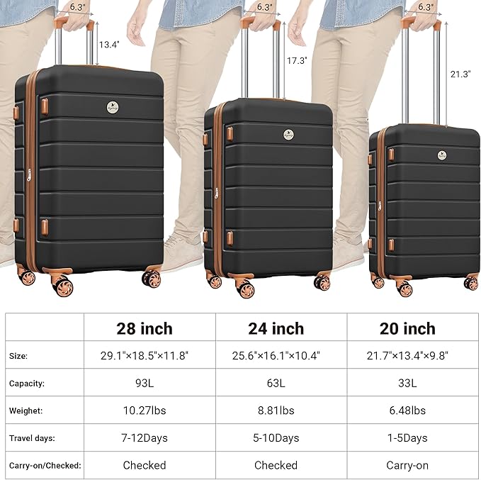 Classic 3-Piece Luggage Set with TSA Lock, Lightweight Suitcase with Spinner Wheels, Hardshell Expandable Carry-On Luggage, 20/24/28 inch, Apricot Black