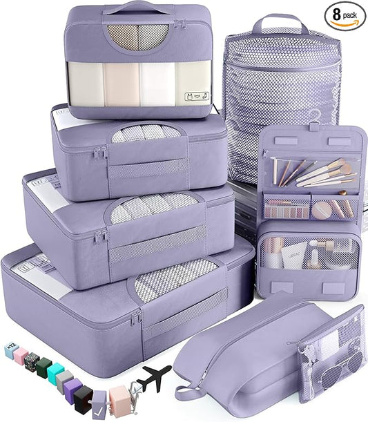 Veken 8 Set Packing Cubes for Travel Essentials, Suitcase Organizer Bags in 4 Sizes, Carry-On Luggage Accessories with Large Laundry & Hanging Toiletry Bag, Must-Have for Airplane, Road Trip & Camping