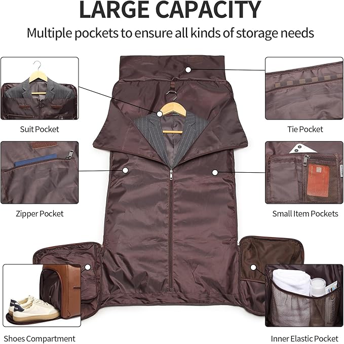 seyfocnia Garment Bag with Shoe Pouch Carry On Convertible Travel Duffel Bag for Men Women, 2 in 1 Hanging Suitcase Suit Business Travel Bag, Brown