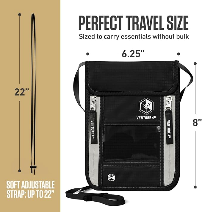 VENTURE 4TH Neck Wallet for Women & Men – RFID Blocking Passport Holder for Travel, Hidden Neck Pouch with 6 Compartments, Slim Lightweight Travel Organizer with Adjustable Strap (Black)