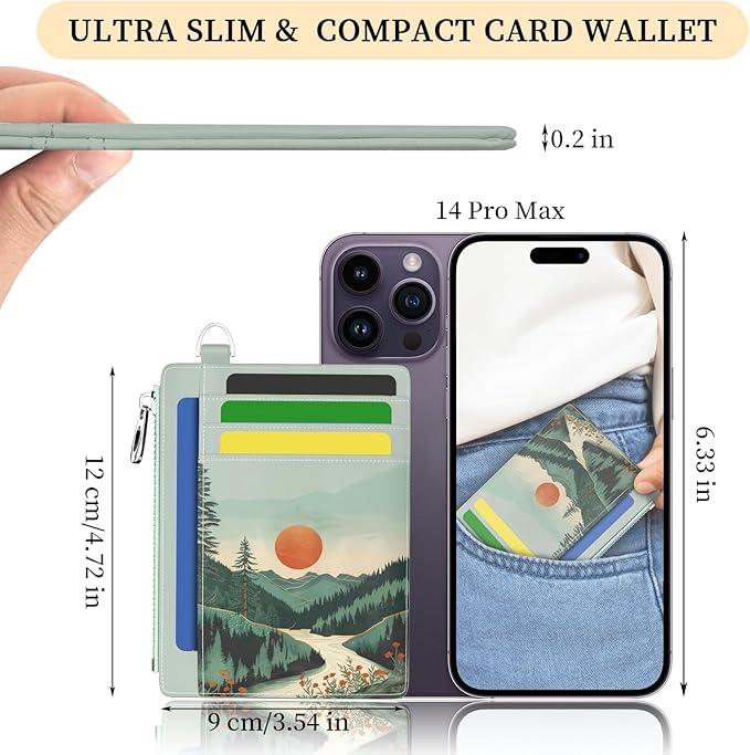 Hancynir Slim Wallet Women Credit Card Holder, Mountain Sunset RFID Blocking Small Mini Card Wallets, Cute Front Pocket PU Leather Card Case, Thin Travel Zipper Coin Cash Ladies Female Wallet Gifts