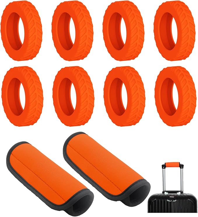 8-Pack Orange Luggage Wheel Covers (Fits 2"-2.4" Double Wheels) & 2-Pack Orange Handle Wraps - Silicone Tire-Textured Wheel Protectors, Wet-Suit Material Handle Grips for Travel
