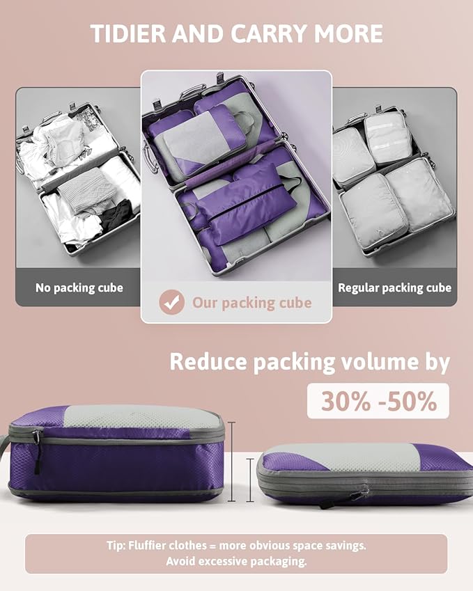 Meowoo 7 Set Compression Packing Cubes for Travel, Durable Ripstop Mesh Suitcase Organizer with Shoe Bag, Ultralight & Expandable Space Saver Travel Cubes