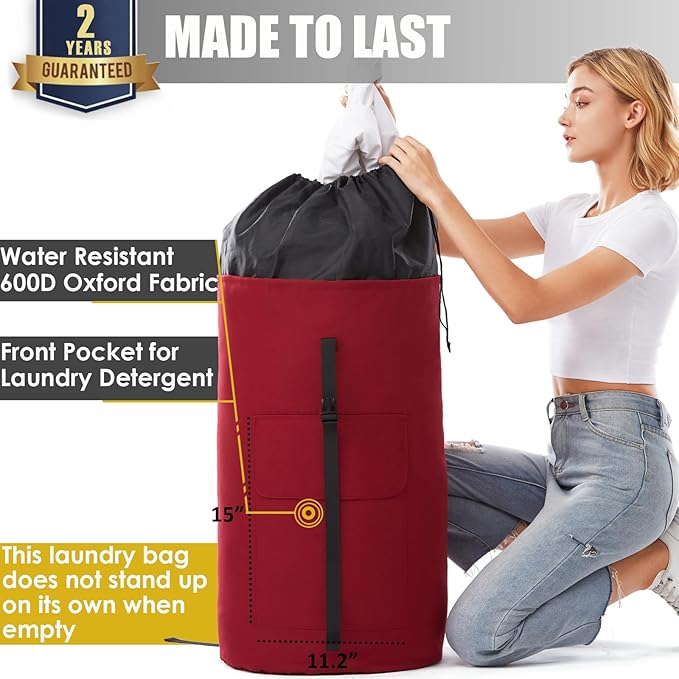 Backpack Laundry Bag, 115L Heavy Duty Extra Large College Laundry Backpack, Dirty Clothes Bag with Shoulder Straps, Laundry Hamper Bag with Drawstring Closure for College Dorm, Apartment Red