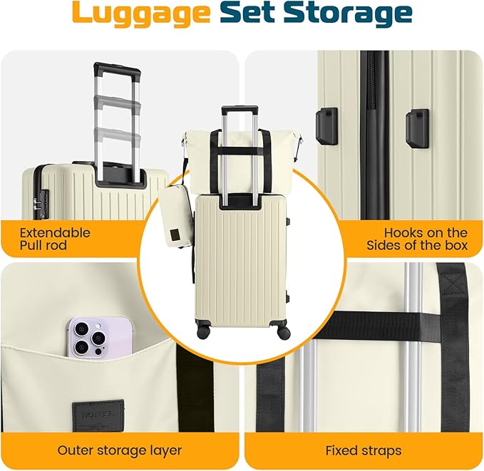 Hoteel Luggage Sets 3 Piece, 4-Yr Warranty, PC+ABS Suitcases with Wheels and Side Hook, Hardshell 20 inch Luggage with Duffel Bag Travel Bag, Beige(20/DB/TB)