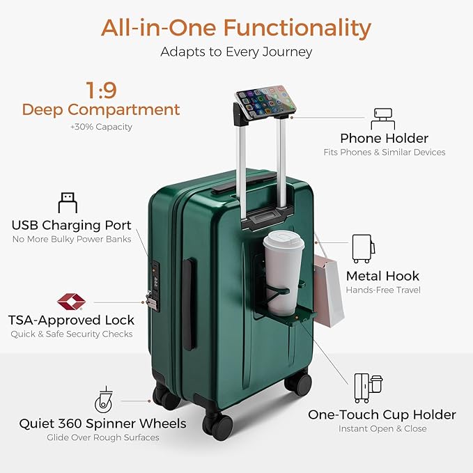 Carry On Luggage Top Opening with Cup Holder & Phone Holder, Expandable PC Hard Shell Suitcase, USB Charging Port, Side Hook, 360° Spinner Wheels, TSA Lock & YKK Zippers for Women Man Gifts
