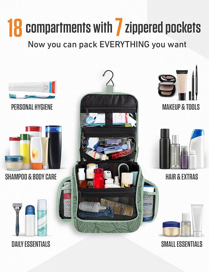 VENTURE 4TH Hanging Travel Toiletry Bag for Women & Men – Large Toiletry Organizer with 17 Compartments, Removable TSA Pouch, Travel Wash Bag for Toiletries, Makeup & Shaving Kit (Green Leaves)
