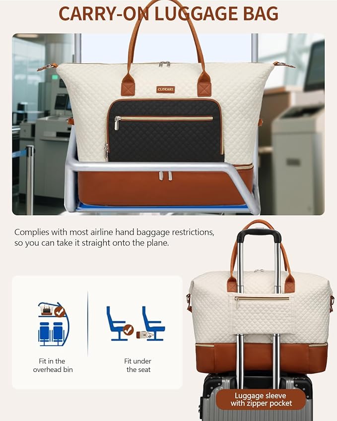 Weekender Bags for Women, Travel Duffle Bag Carry On Overnight Bag with Cosmetics Bag and Crossbody Purse for Gym Hospital, Gifts for Women, Beigeblack Brown