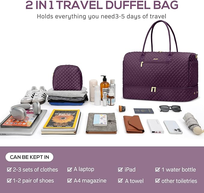 Travel Weekender Duffle Bags for Women - Large Carry On Bag with Shoe Compartment Overnight Bag with Toiletry Bag Duffel Bags with Wet Pocket for Gym Hospital Bags for Labor and Delivery Dark Purple