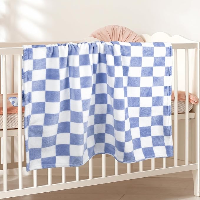 Plush Checkered Baby Blanket for Boys Girls Nursery, 30"*40" Warm Short Fleece Blanket Neutral for Infant Newborn, Small Fuzzy for Sleeping, Chenille or Stroller (Dark Blue&White)