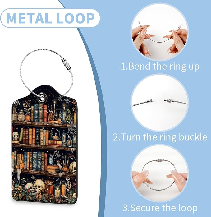 2 Pcs Luggage Tag for Suitcases, Goth Skull Bookshelf PU Leather Suitcase Tag Privacy Cover ID Label with Metal Loop, Personalized Baggage Identifier for Women Cruise Bag Travel Essentials