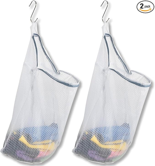 2Pcs Mesh Hanging Laundry Bags for Washing Machine, 15 X 12 inch Wash Bag for Clothes Delicates Lingerie with S Hooks