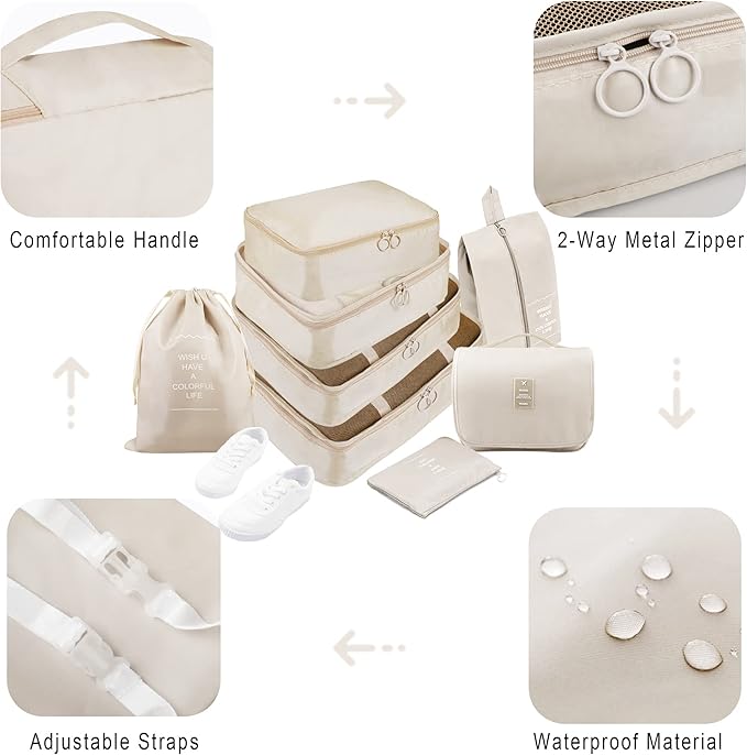 Packing Cubes, 8 Pcs Travel Packing Organizers for Suitcases, Large Capacity Travel Luggage Organizers Set includes 8 Storage Bags (Beige)