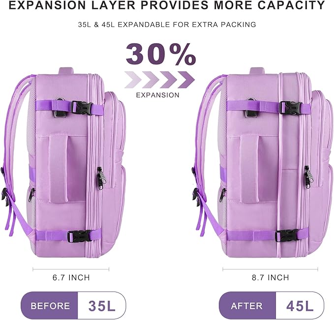 Large Travel Backpack, Laptop Backpack for women, Expandable 52L Carry On Backpack, TSA Water Resistant Weekender 18.4 Inch Laptop Backpack, Anti Theft Business Computer Bag with USB Port, Purple