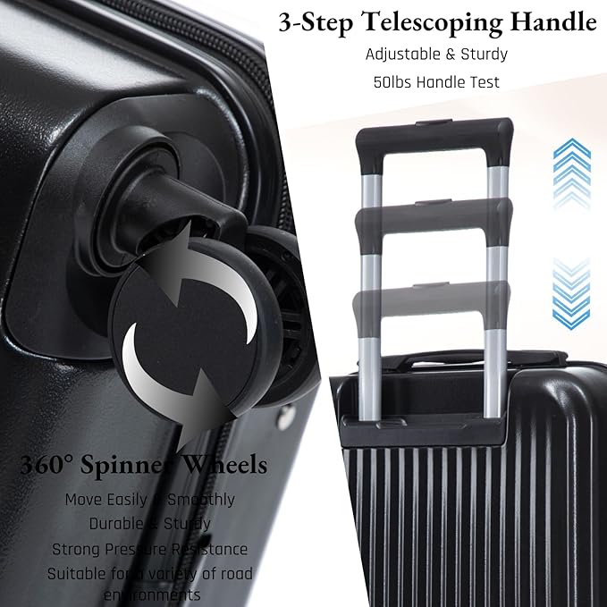 2 Pcs ABS Spinner Luggage Set - 14" Cosmetic Case & 20" Carry-On with Combination Lock, Front Opening Design, Black