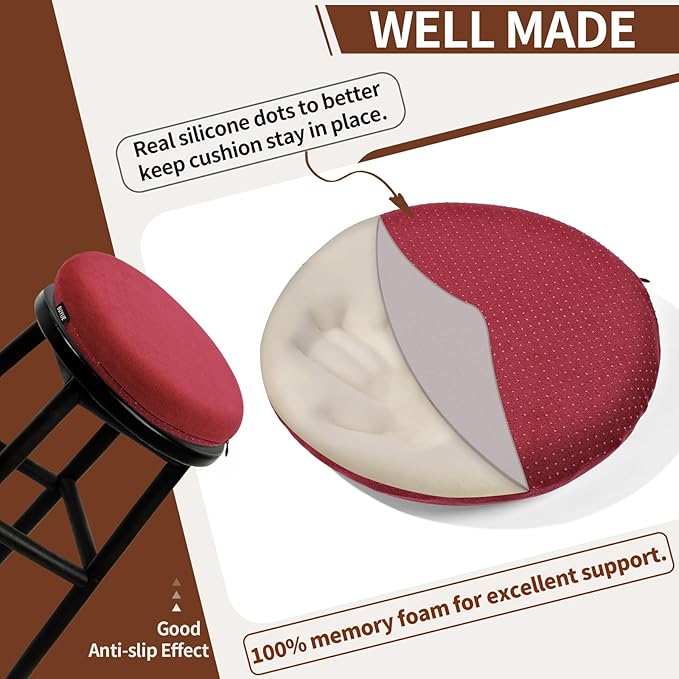 BUYUE Memory Foam Seat Cushion, Dia 15" Soft Velvet Round Stool Cushion Anti-Slip Chair Pads, M, Red