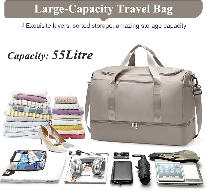 Extra Large Travel Duffle Bag,Carry on Overnight Weekend Bag with Shoes Compartment,Weekender Bags for Women for Travel Business Trips Sport Hospital,Camel