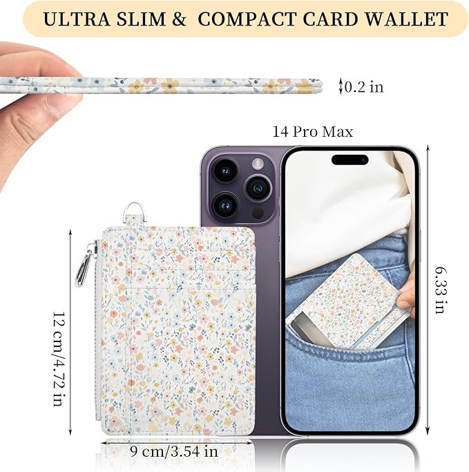Hancynir Slim Wallet Women Credit Card Holder White Florals RFID Small Mini Card Case Front Pocket PU Leather Thin Travel Zipper Coin Cash ID Window Girls Wallet Gifts