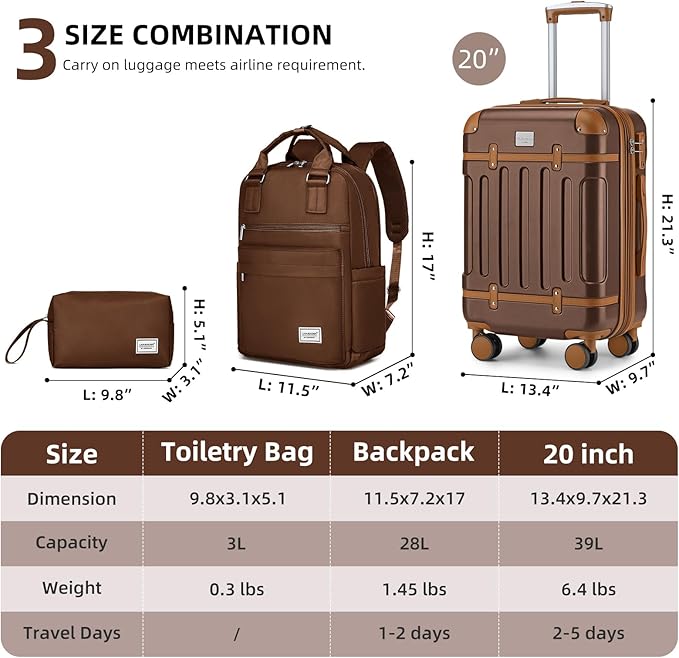 LARVENDER Luggage Sets 3 Piece Expandable Carry on Luggage 22x14x9 Airline Approved Hardshell Suitcase with Wheels TSA Lock, Lightweight Suitcase Set for Women with Travel Backpack, Maple