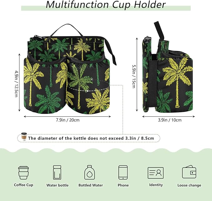 Luggage Cup Holder for Suitcases Free Hands Travel Cup Holder Portable Suitcase Cup Drink Holder Luggage Cup Caddy Bag Carrier Black Palms Green Yellow Tropical