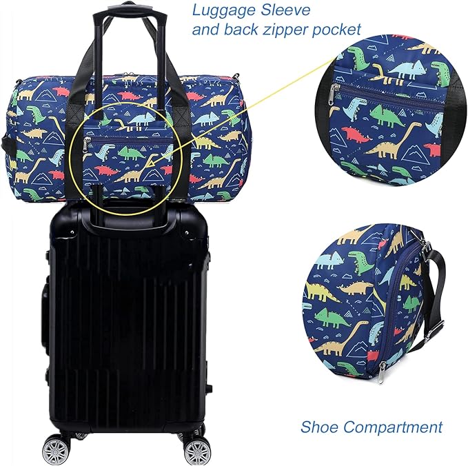 CAMTOP Kids Overnight Duffel Bag for Boys and Girls Carry-On Size Tote for Travel Gym Sport (Navy Dinosaur) 18.1"L* 9.1" H* 8.7"W