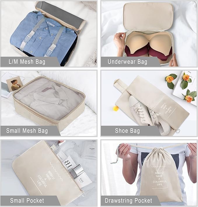 Packing Cubes, 8 Pcs Travel Packing Organizers for Suitcases, Large Capacity Travel Luggage Organizers Set includes 8 Storage Bags (Beige)