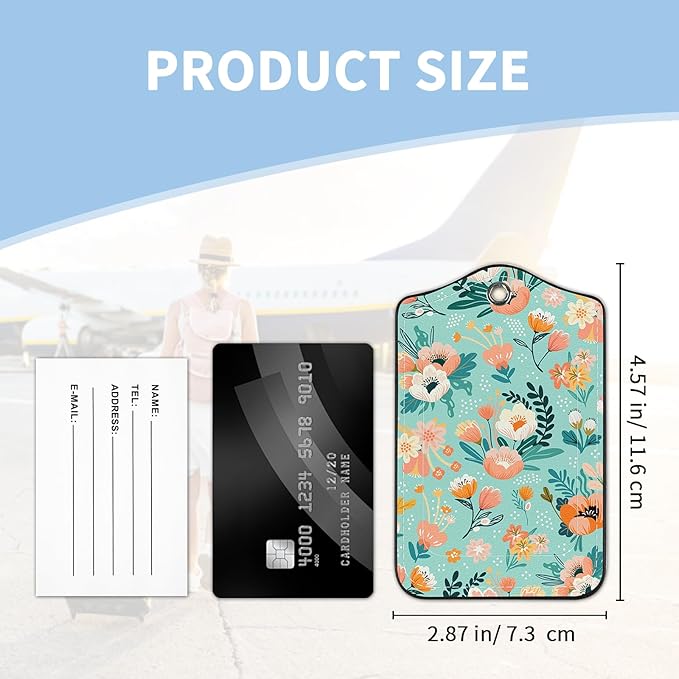 2 Pcs Luggage Tag for Suitcases, Floral Flower Cute PU Leather Suitcase Tag Privacy Cover ID Label with Metal Loop, Personalized Baggage Identifier for Women Cruise Bag Travel Essentials