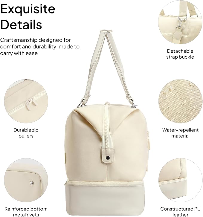 Travel Duffle Bag for Women, 40L Weekender Bags Airline Approved Carry On with Shoe Compartment & Waterproof Wet Pocket, Durable Nylon Weekender Overnight Bag for Travel, Gym, Business Trip, Beige