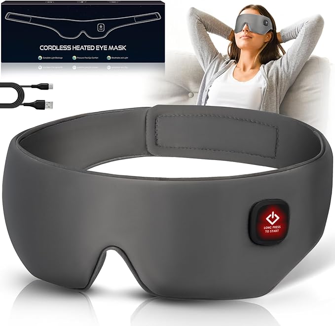 Silk Cordless Heated Eye Mask, Washable Sleep Mask Warm Compress Mask Soft Pressure Free Shade Blindfold Electric Eye Heating Pad for Blepharitis Sinus Stye Gifts for Men Women (Grey)