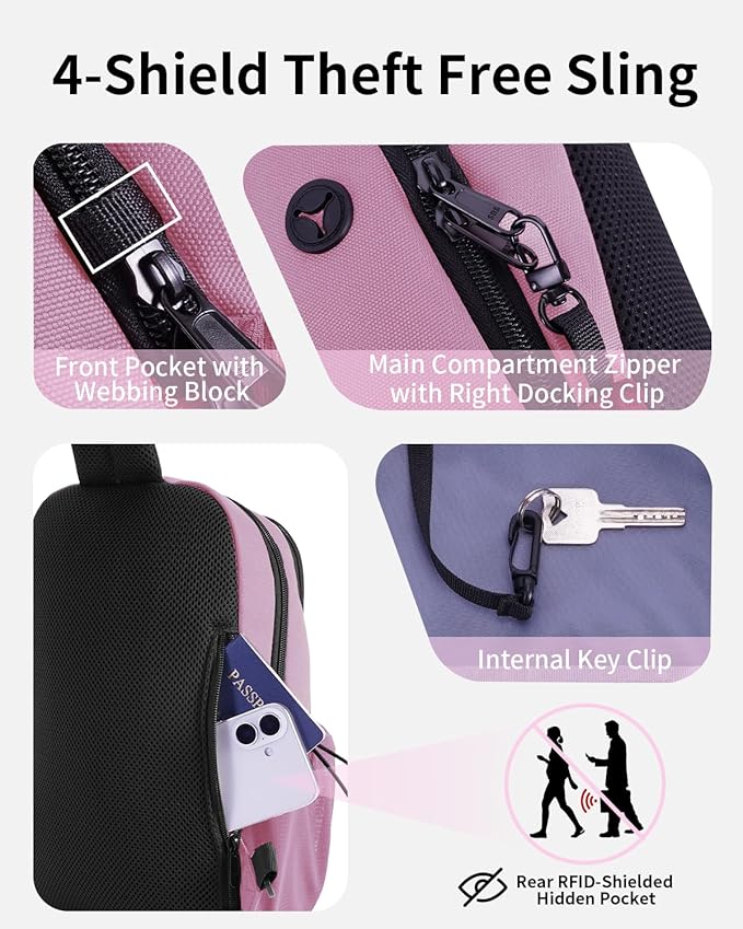 ECOHUB Anti-Theft Crossbody Bag Men Women, RFID Blocking Lightweight Sling Backpack Eco-Friendly with 9 Pockets Sturdy SBS Zippers Water Resistant for Travel Work Hiking Outdoor, Pink