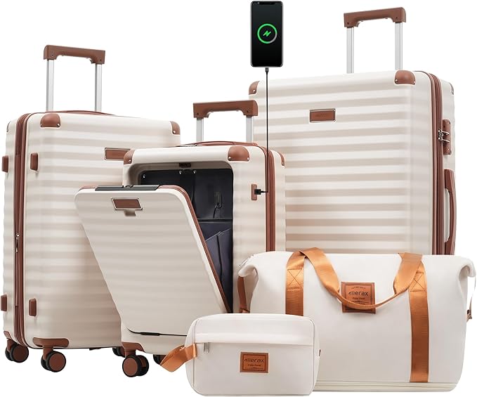 Merax Luggage Sets 3 Piece Front Opening, Hardside Lightweight Carry on Suitcase with Cup Holder USB Port,Durable Expandable Luggage with Bags Spinner Wheels and TSA Lock,White and Brown