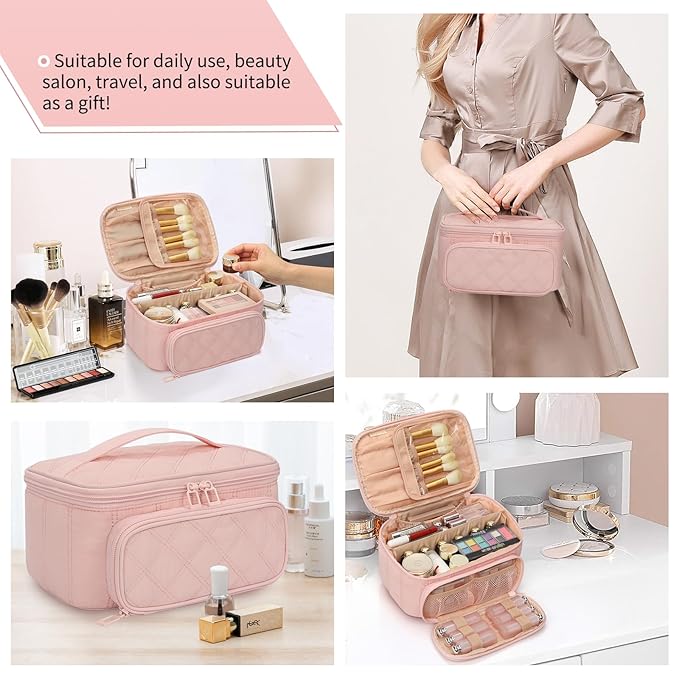 OCHEAL Makeup Bag, Multifunctional Make Up Bags Large Compact Makeup Bag Organizer Cosmetics Toiletry Brushes Storage Makeup Case with Handle for Women Girls Makeup Case with Handle-Pink