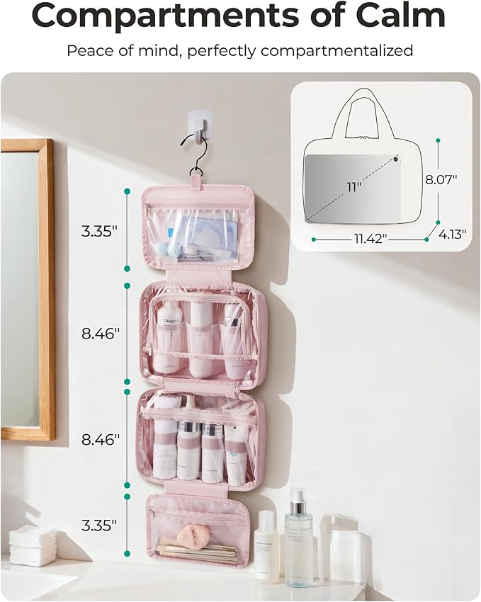 BAGSMART Travel Toiletry Bag for women, Portable Hanging Hook Makeup Bag Organizer, Waterproof Makeup Cosmetic Bag, for Full-Size Accessories, Toiletries,Black
