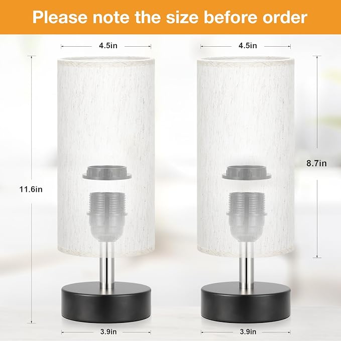 Table Lamps Set of 2（Cream Shade - Black Base, 11.6" Inline Control） | Bulb not Included | Small Lamps for Bedroom | Desk Lamp for Reading | for Living Room | for Dorm | Linen Shade