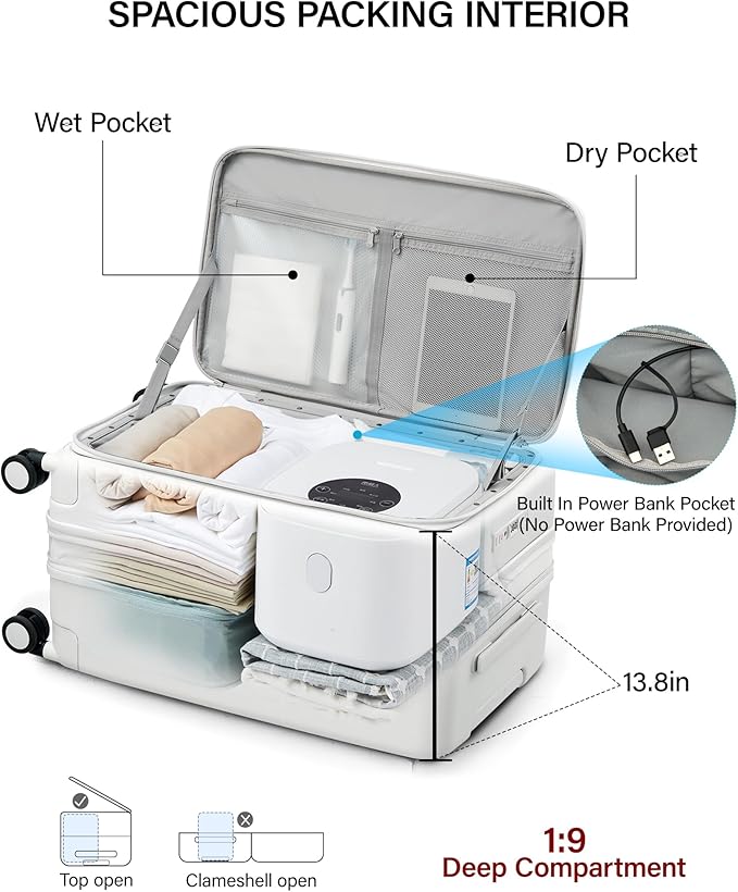 Hanke 24 Inch Expandable Checked Luggage with Cup Holder and Charger Port,Top Opening Hard Shell Suitcases with Wheels, Medium Travel Rolling Suitcase Trunk Luggage with Lock, Smoke White
