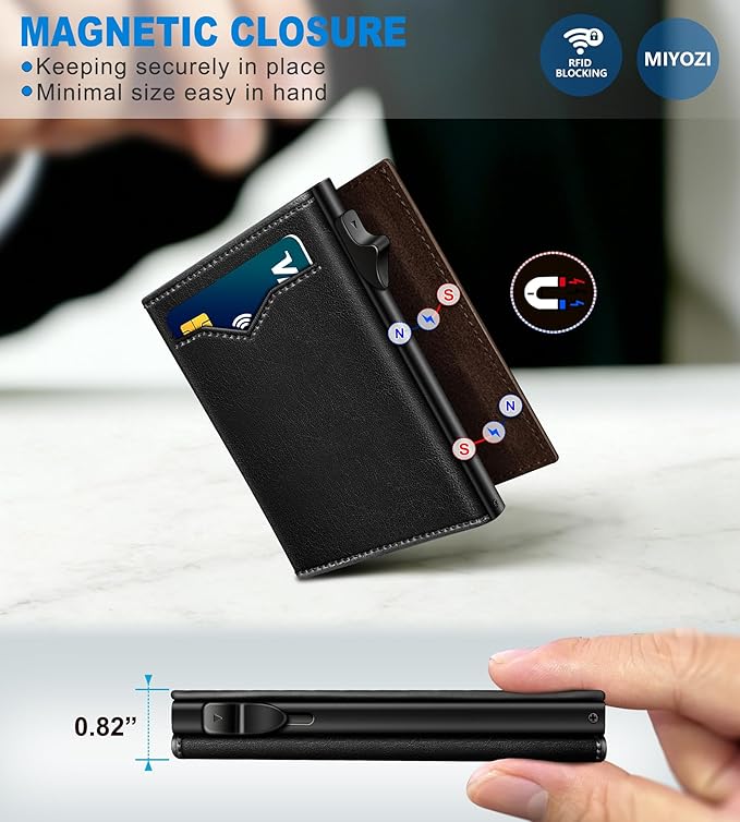 miyozi Wallet for Men,with Cash Pocket 2 ID Window 9-13 Cards,Metal Case Smart Slim Pop Up Credit Card Holder Flip with Magnetic Closure RFID Blocking Trifold wallet with Gift Box