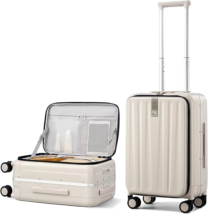 Hanke 20 Inch Carry On Luggage with Wheels PC Hard Shell Suitcase Top Opening Aluminum Frame Travel Luggage Suitcases for Woman Men Gifts.(Ivory White)