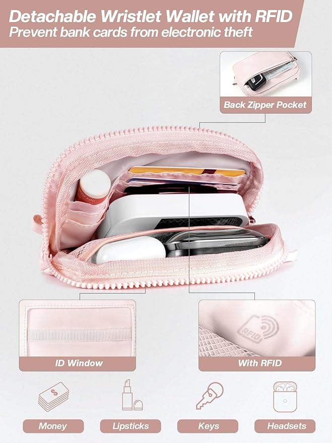 Tiostep Clip and Go Strap for Phone with Wallet Crossbody Phone Lanyard Adjustable and Detachable RFID Wristlet Wallet with ID Window and Zipper, Pink
