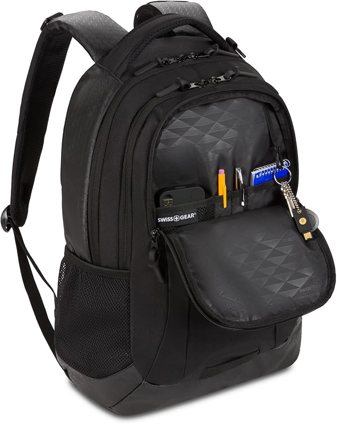 SWISSGEAR Cecil 18-Inch Laptop Backpack Fits 16-Inch Laptop, Travel Daypack with Organizer Pockets, Water Bottle Holders & Padded Straps – Black Hex