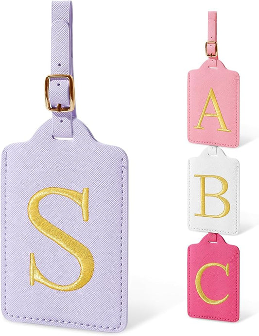 Personalized Initial Luggage Tags for Suitcases, Cute PU Leather Embroidered Letter Travel Luggage Tags, Suitcase Identifier Name Baggage Tag, Bag Tags for Men Women Kids Luggage Handbags(Purple S)