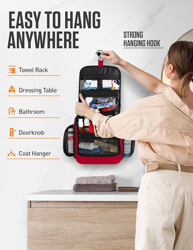 VENTURE 4TH Hanging Travel Toiletry Bag for Women & Men – Large Toiletry Organizer with 18 Compartments, Removable TSA Pouch, Travel Wash Bag for Toiletries, Makeup & Shaving Kit (Red)