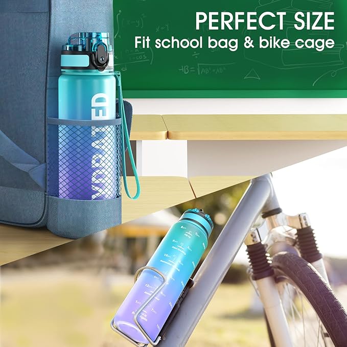 Sahara Sailor Water Bottle, 32/25/17oz Durable and Leakproof Water Bottles Motivational with Time Marker, Tritan, BPA Free, Wide Mouth with Easy Clean Brush for Gym, Travel, School, Office (1 Bottle)