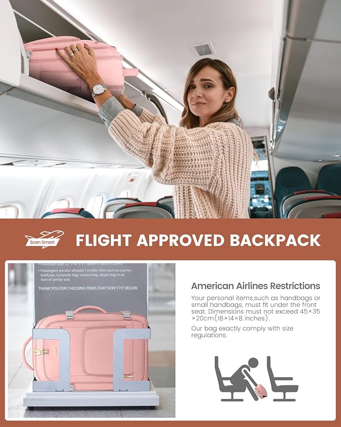 LOVEVOOK Travel Backpack For Women, 40L Carry On Backpack Flight Approved, TSA Personal Item Backpack Fits 17 Inch Laptop, Business Weekender Overnight Waterproof Daypack With 2 Packing Cubes, Pink