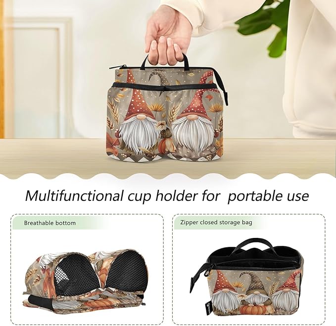 Pumpkin Gnomes Maple Leaf Luggage Cup Holder Travel Portable Free Hand Drink Carrier Suitcase Drinks Beverage Holder Carry-On Bottle Mug Holder Organizer Bag Travelers Accessories
