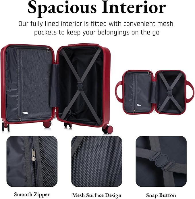 2 Pcs ABS Spinner Luggage Set - 14" Cosmetic Case & 20" Carry-On with Combination Lock, Front Opening Design, Red