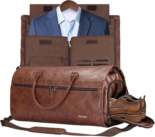 STOVER Garment Travel Duffle Bag, Large 2-in-1 Convertible Carry-on Luggage for Men & Women- Hanging Suits, Dresses & Clothes + Shoe Compartment- Weekender Tote Combo Duffel (Brown Leatherette)