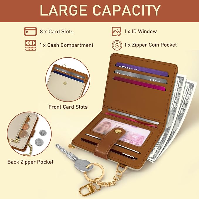 Jogjam Small Ladies Wallet, Rfid Slim Thin Compact Credit Card Women Wallet, PU Leather Bifold Cash Wallet, Zipper Coin Pocket & ID Window, Female Gifts Beige and Brown