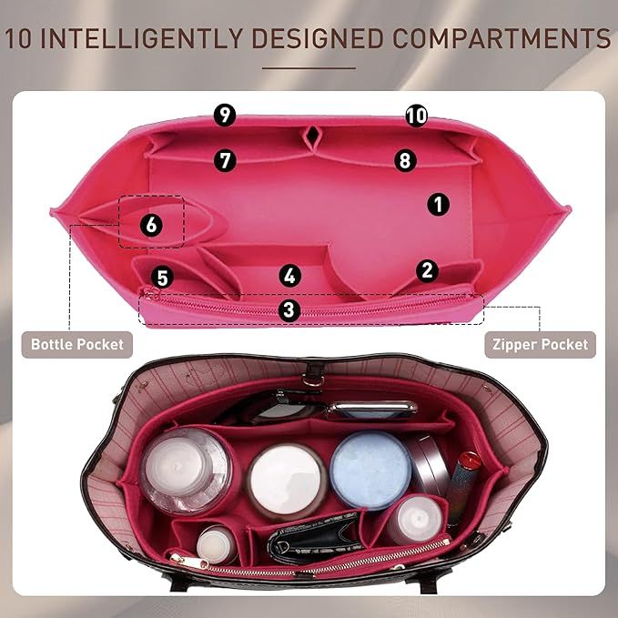 Doxo Purse Organizer Insert for Handbags &Tote Felt Bag Fits Speedy and Neverfull ONTHEGO,3 Sizes/6 Color(Rose,NF-GM)